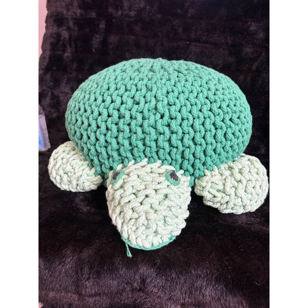 Green Turtle Pouf Chunky Knit Cotton Floor Pillow Ottoman Plush Decor